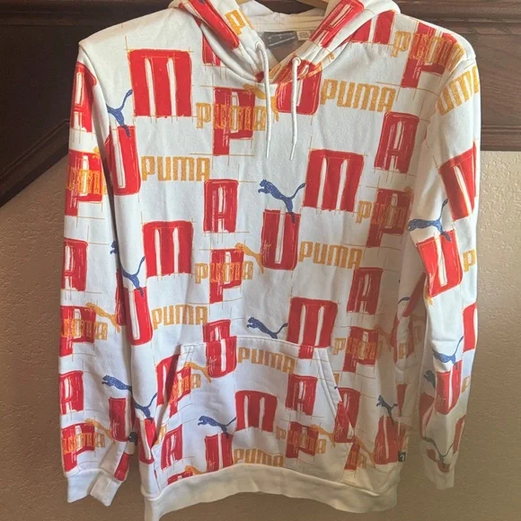Puma Men’s Size Large Red and Yellow All Over Graphic Hoodie Athletic Sweatshirt - Picture 1 of 7